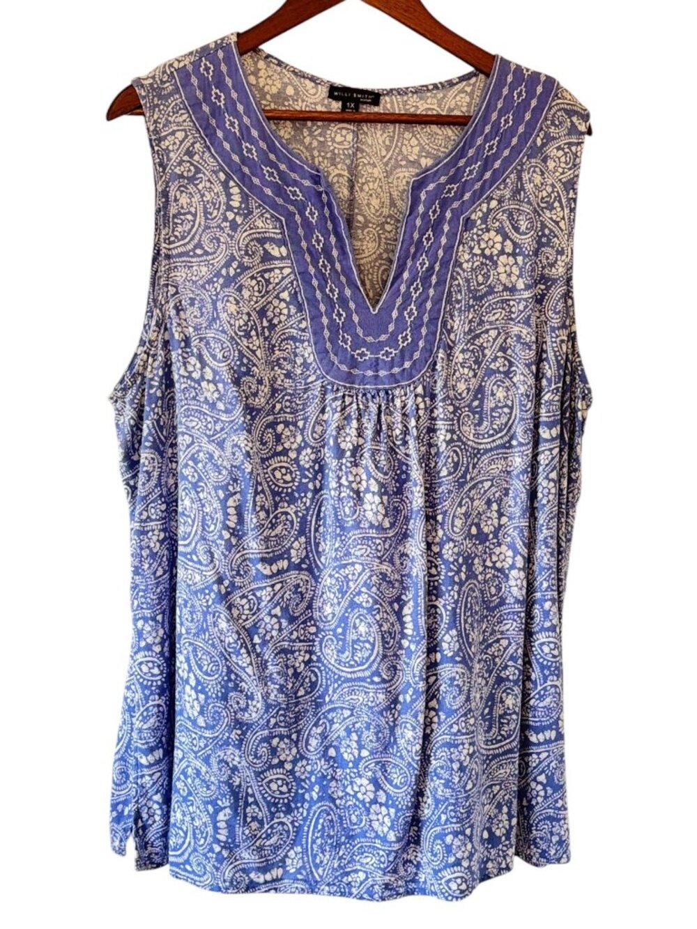 Willi Smith Woman Linen Lavender Paisley Peasant Top Embroidered Cottage Size 1X